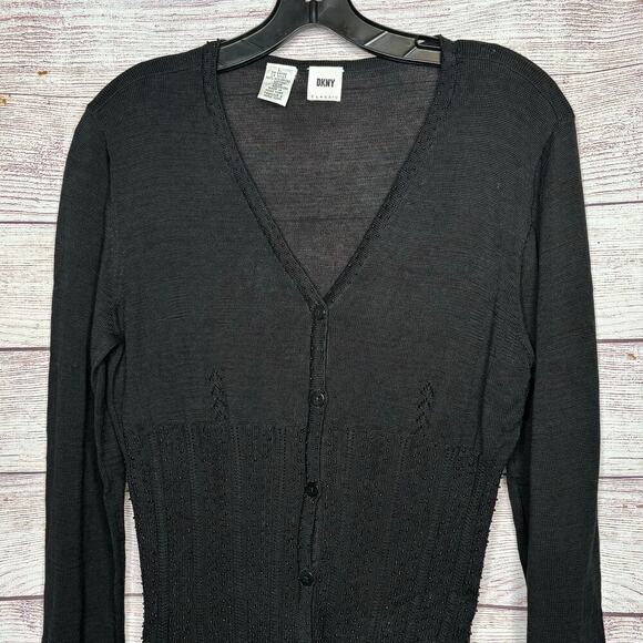 DKNY 100% Cotton Black Beaded Y2K Button Up Vintage Cardigan Size Small - Picture 4 of 7